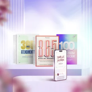 Cadernos de branding e atendimento com smartphone na frente.