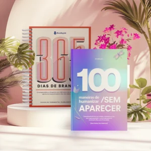 Livros de branding e marketing em exposição elegante.